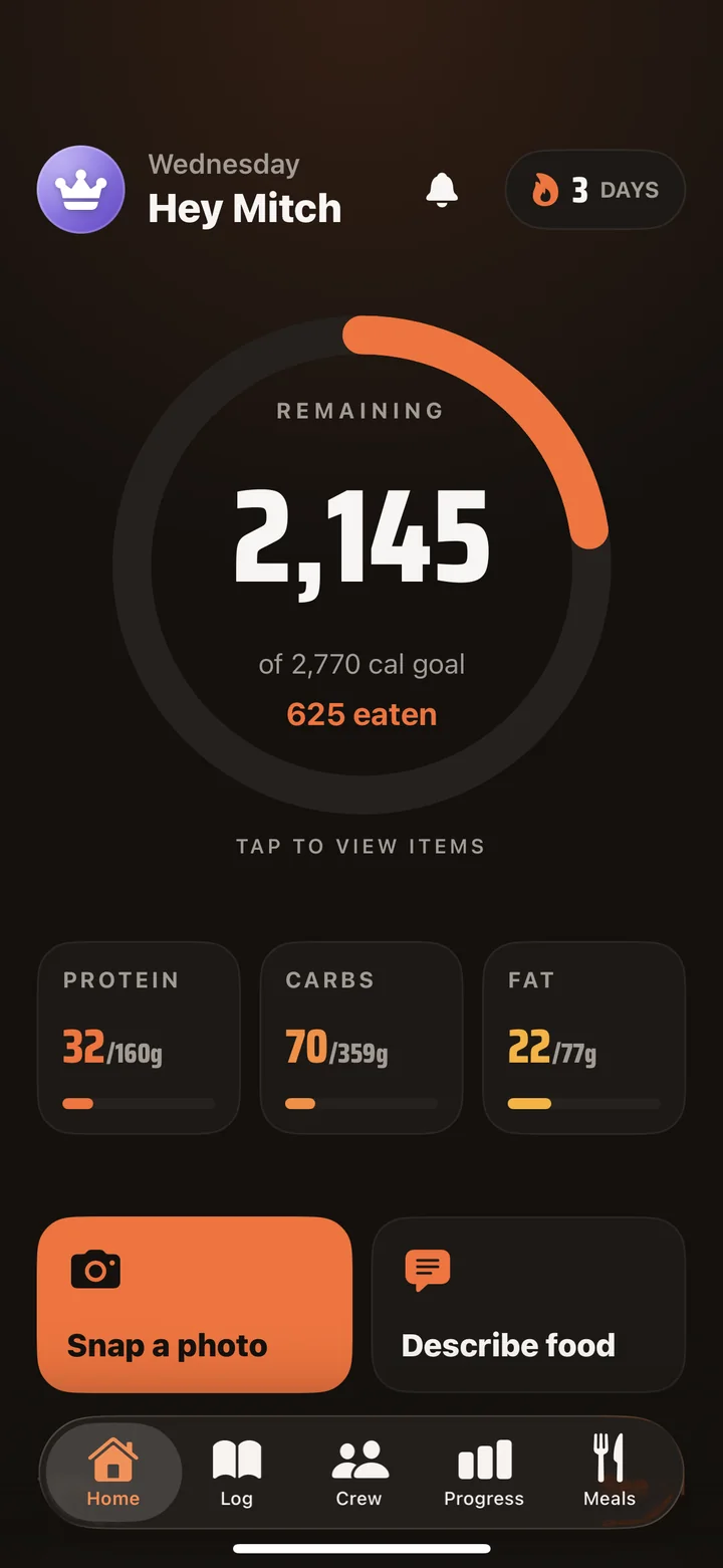 GAINR Home screen with the calorie ring and macro targets