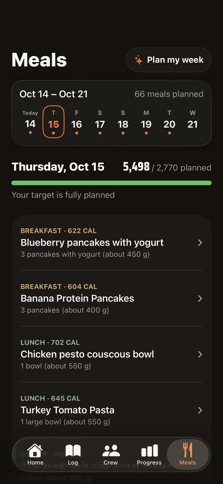 GAINR Meals screen showing a week of planned meals with calories for each
